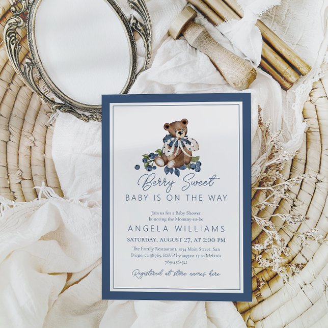 Berry Sweet Blueberry Bear Baby Boy Shower Invitation (Creator Uploaded)