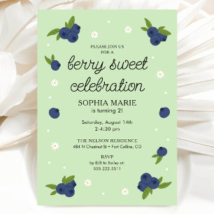 Berry Sweet Blueberry Birthday Light Green Invitation