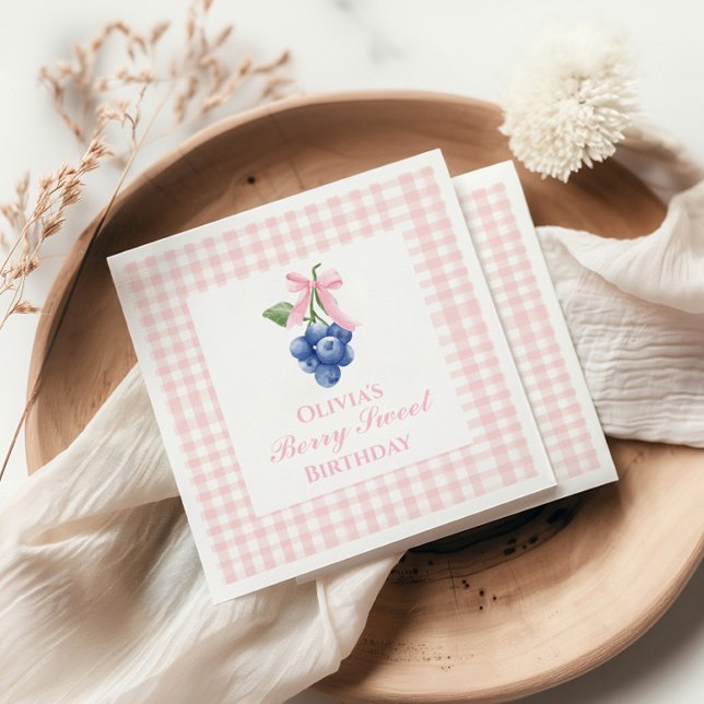 Berry Sweet blueberry birthday Pink Bow Coquette Napkin (Creator Uploaded)