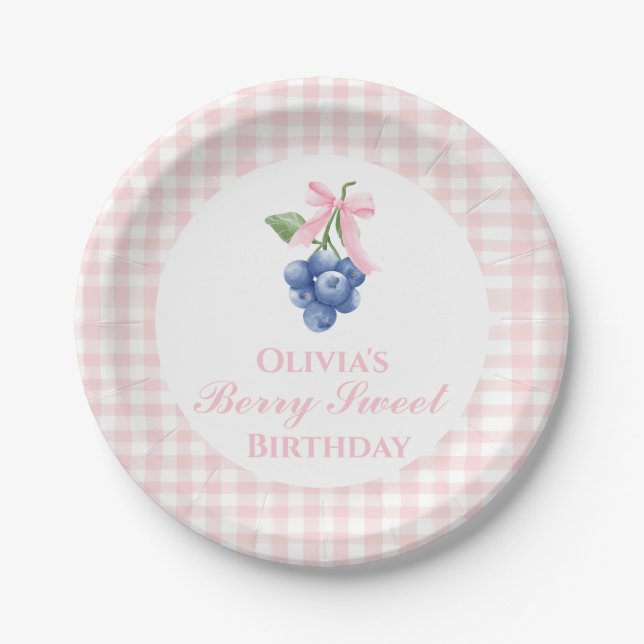 Berry Sweet blueberry birthday Pink Bow Coquette Paper Plate (Front)