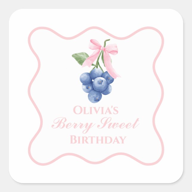 Berry Sweet blueberry birthday Pink Bow Coquette Square Sticker (Front)