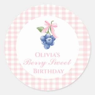 Berry Sweet blueberry birthday Pink Bow Gingham Classic Round Sticker