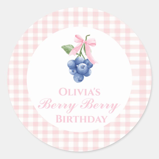 Berry Sweet blueberry birthday Pink Bow Gingham Classic Round Sticker (Front)
