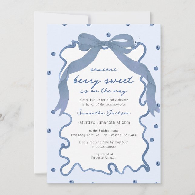 Berry Sweet Blueberry Bow Hand Drawn Baby Shower Invitation (Front)
