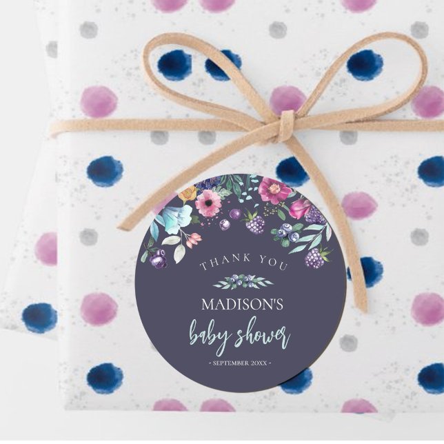 Berry Sweet Blueberry & Flowers Baby Shower Classic Round Sticker (#blueberry #babyshower #navy #winterbabyshower #blueberrysticker #blueberryfavor)