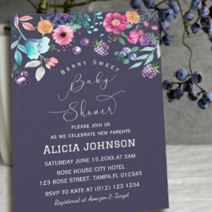 Berry Sweet Blueberry & Flowers Baby Shower Invitation