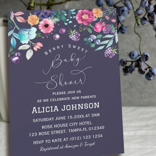 Berry Sweet Blueberry & Flowers Baby Shower Invitation (# BerrySweet #watercolor #blueberry, #wildflower,navy,handlettered#spring #berrybabyshower #floral)