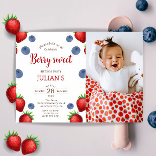 Berry Sweet & Blueberry Girl Birthday Party Photo  Invitation