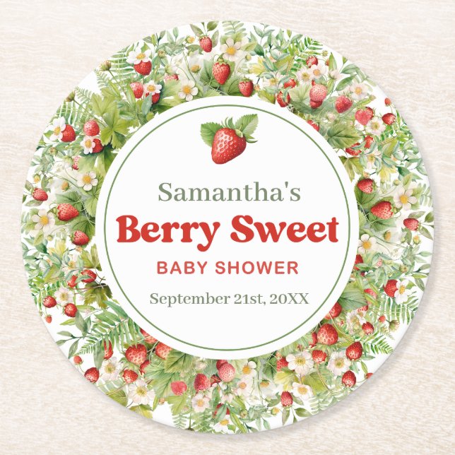 Berry Sweet Boho arch Pink Wild Strawberry  Round Paper Coaster (Front)