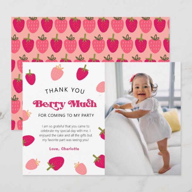 Berry Sweet Boho Strawberry Photo Thank You Card (Front/Back)