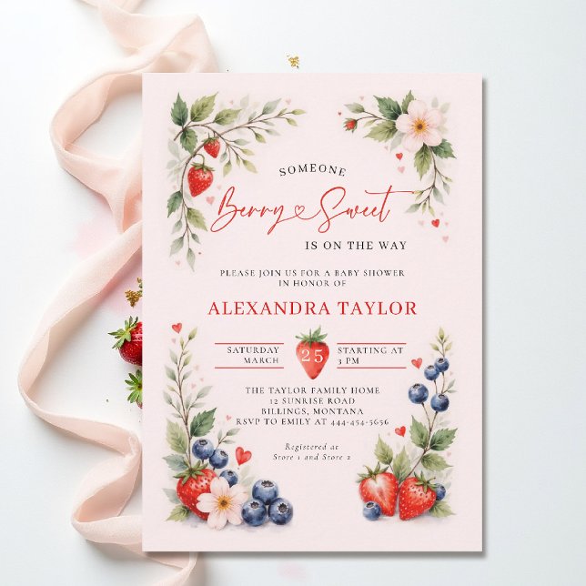 Berry Sweet Botanical Art Pink Girl Baby Shower Invitation (berry sweet baby shower invitation fruit strawberry theme art watercolor summer garden)