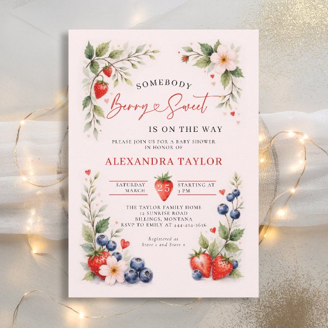 Berry Sweet Botanical Berries Pink Baby Shower Invitation (berry sweet baby shower invitation fruit theme strawberry blueberry berries botanical watercolor)