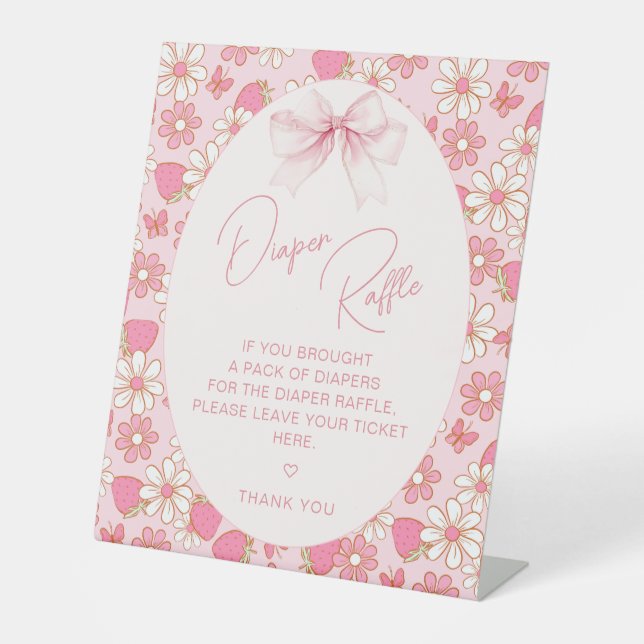 Berry Sweet Bow Baby Girl Shower Diaper Raffle Pedestal Sign (Front)