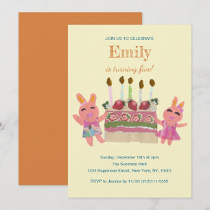 Berry Sweet Bunny Buddies Yellow Kids Birthday Invitation