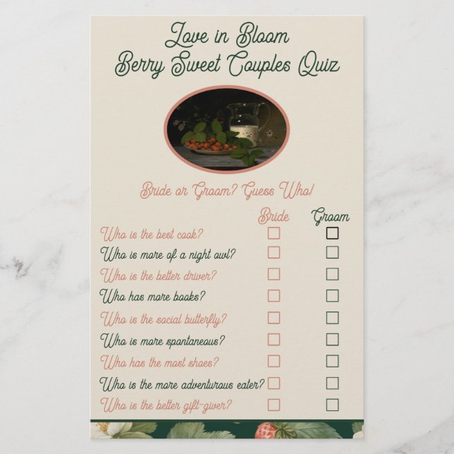 Berry Sweet Couple Quiz Bridal Shower Game (Front)