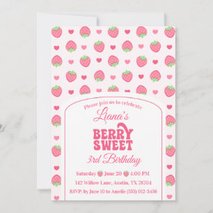 Berry Sweet Cute Pink Strawberry Girl 3rd Birthday Invitation
