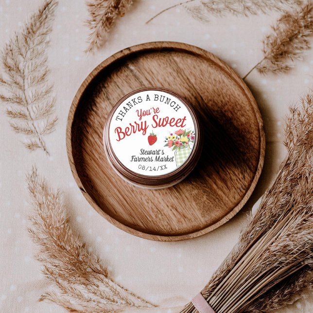 Berry Sweet Farmers Market Baby Boy Shower Favour Classic Round Sticker (Thanks a bunch you're berry sweet Farmers Market strawberry gingham mason jar flowers shower sticker)