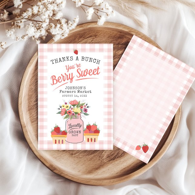 Berry Sweet Farmers Market Cute Baby Girl Shower Thank You Card (Pink gingham Farmers Market Locally Grown Mason Jar floral berry sweet baby shower thank you card)