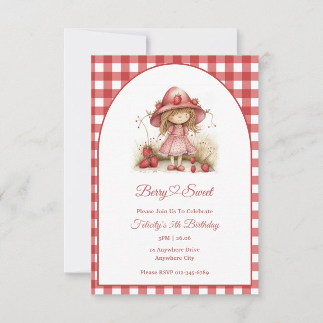Berry Sweet Farmers Market Girl Strawberry Party Invitation (Front)