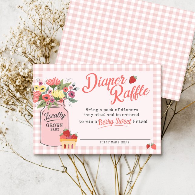 Berry Sweet Farmers Market Shower Diaper Raffle Enclosure Card (Pink gingham Farmers Market Locally Grown Mason Jar floral berry sweet baby shower diaper raffle)