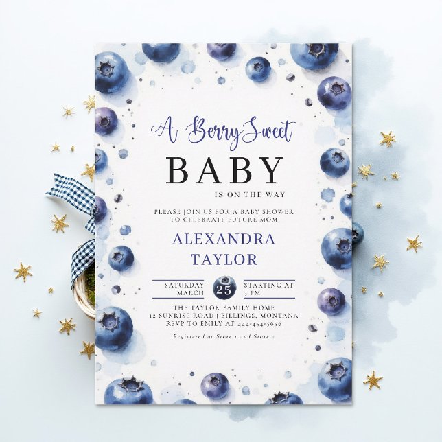 Berry Sweet Farmhouse Chic Blueberries Baby Shower Invitation (berry sweet baby shower invitation boy blue blueberries rustic farmhouse chic watercolor)