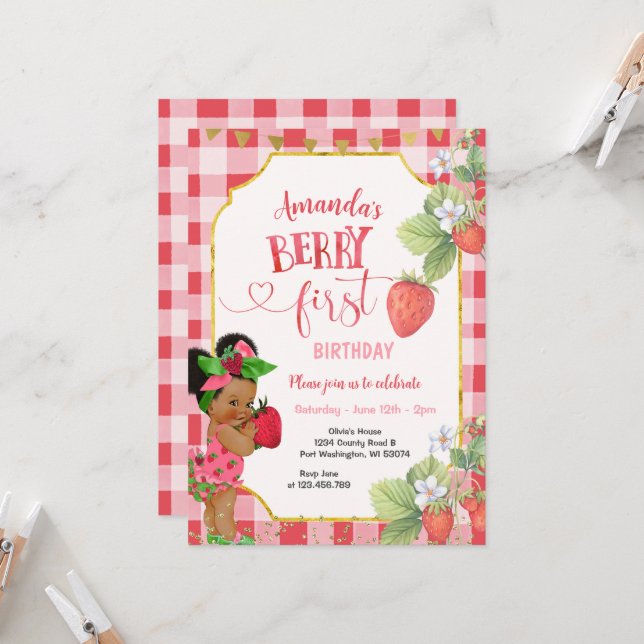 Berry Sweet FIRST Strawberry Birthday Girl Party Invitation (Front/Back In Situ)