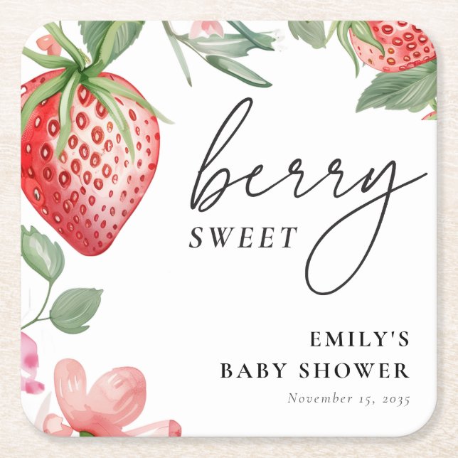 Berry Sweet Floral Baby Shower Square Paper Coaster (Front)