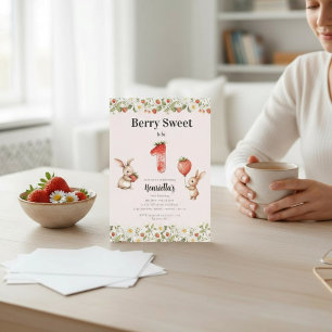 Berry Sweet Floral Bunny Strawberry First Birthday Invitation