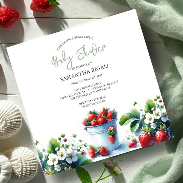 Berry Sweet Gender Neutral Summer Baby Shower Invitation (Summer baby shower theme watercolor strawberries invitation Do Tell A Belle)