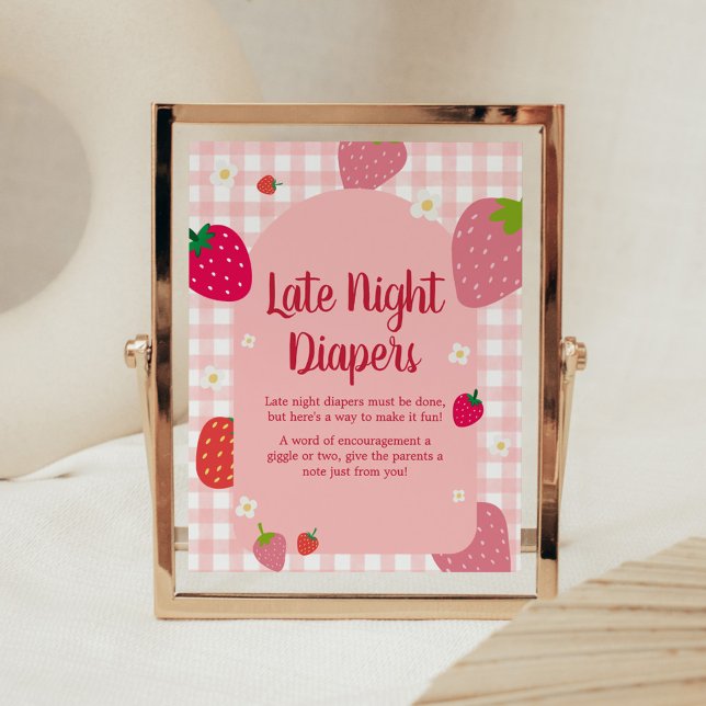 Berry Sweet Gingham Strawberry Late Night Diapers Poster (Gingham Strawberry Berry Sweet Baby Shower Late Night Diapers Sign)