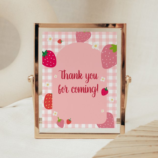 Berry Sweet Gingham Strawberry Thankyou for Coming Poster (Gingham Strawberry Berry Sweet Baby Shower Thank you for Coming Sign)