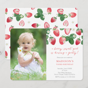 Berry Sweet Girl Strawberries Birthday Party Photo Invitation