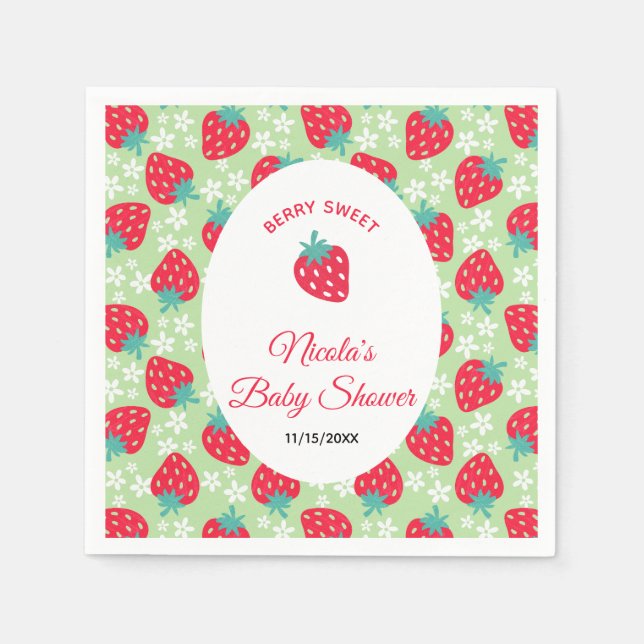 Berry Sweet Green Strawberry Baby Shower Napkin (Front)