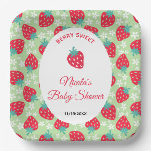 Berry Sweet Green Strawberry Baby Shower Paper Plate