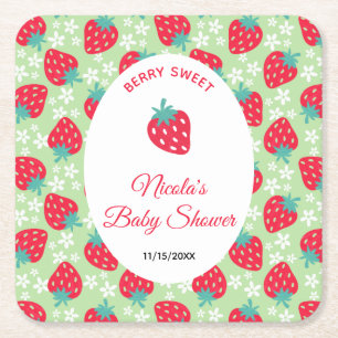 Berry Sweet Green Strawberry Baby Shower Square Paper Coaster