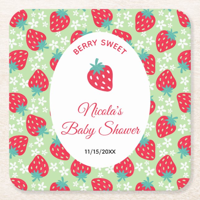 Berry Sweet Green Strawberry Baby Shower Square Paper Coaster (Front)