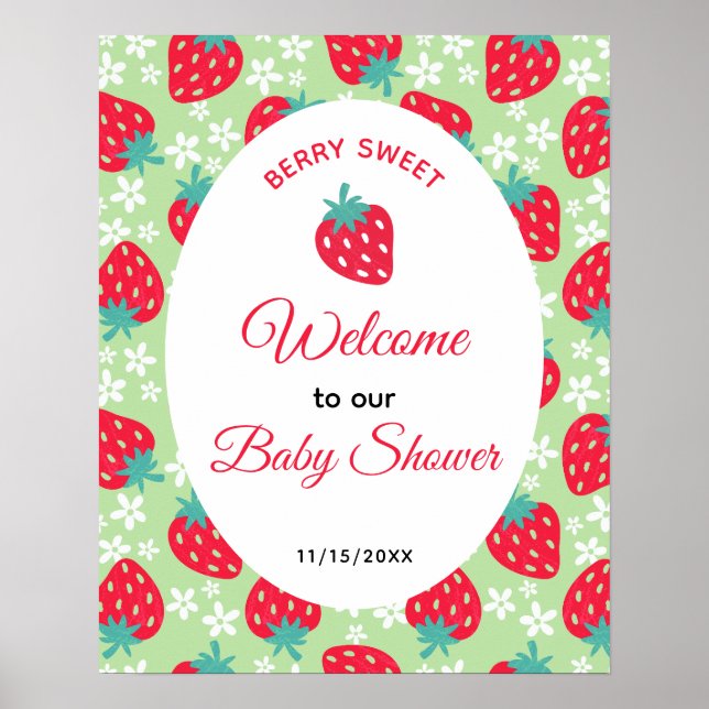 Berry Sweet Green Strawberry Baby Shower Welcome Poster (Front)