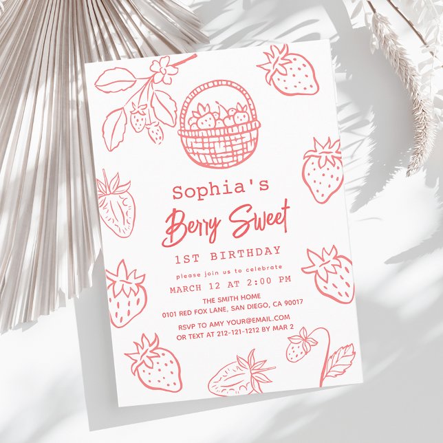 Berry Sweet Hand-drawn Starawberry 1st Birthday Invitation (Creator Uploaded)