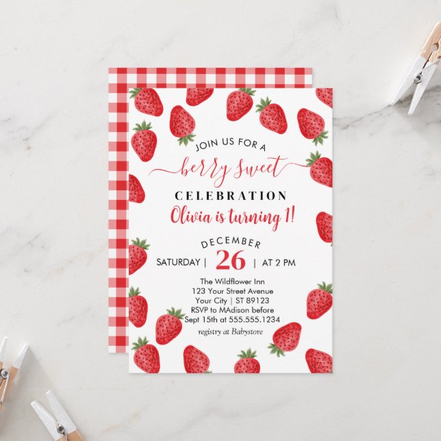  Berry Sweet Is Turning 1 Strawberry 1st Birthday Invitation (Front/Back In Situ)