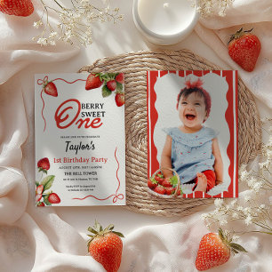  Berry Sweet One 1st Birthday Photo  Invitation