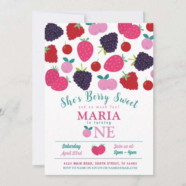 Berry Sweet One First Birthday Girls Fruit  Invitation (Front)