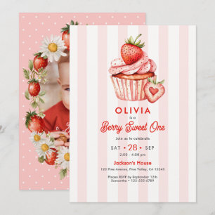 Berry Sweet One Photo Strawberry 1st Birthday Invitation