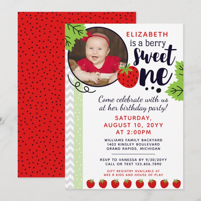 Berry Sweet ONE Strawberry Baby First Birthday Inv Invitation (Front/Back)