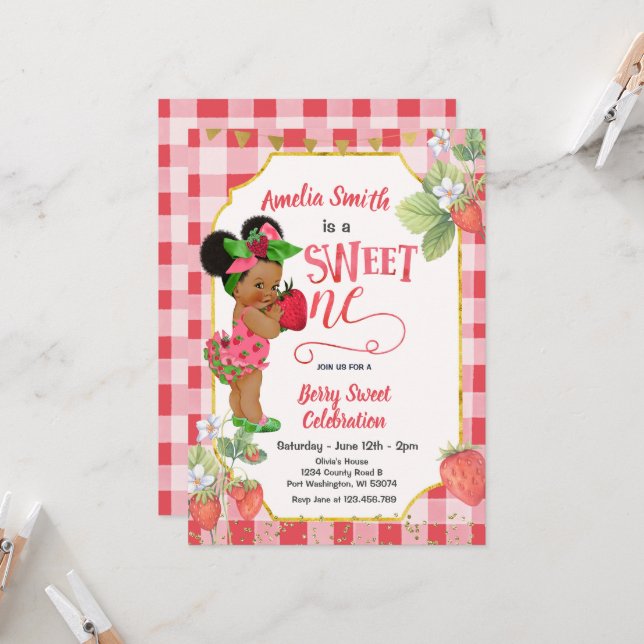 Berry Sweet ONE Strawberry Birthday Girl Party Invitation (Front/Back In Situ)