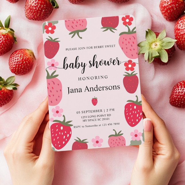 Berry Sweet Pink and Red Strawberry Baby Shower Invitation (Creator Uploaded)
