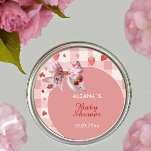 Berry Sweet Pink Chequered Coquette Baby Shower Classic Round Sticker