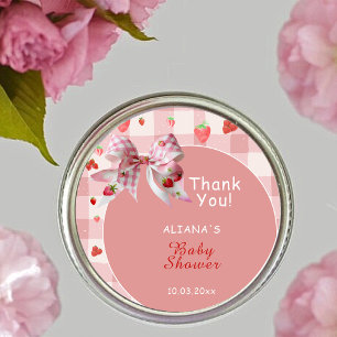 Berry Sweet Pink Chequered thankyou Baby Shower Classic Round Sticker