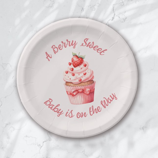 Berry Sweet Pink Cupcake Hearts Baby Shower Paper Plate (Creator Uploaded)