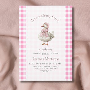 Berry Sweet Pink Gingham Cute Goose Baby Shower  Invitation