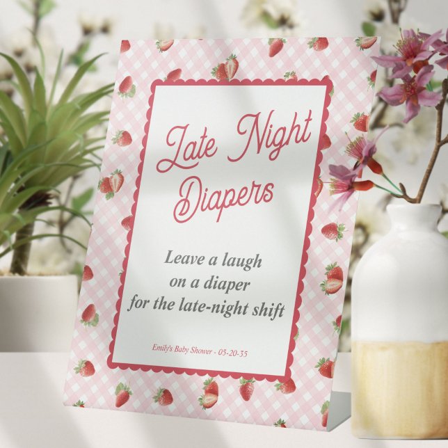 Berry Sweet-Pink Gingham, Late Nigh Diapers Game Pedestal Sign (Pink Gingham with Strawberry-Baby Girl Shower Late Night Diapers Sign.)